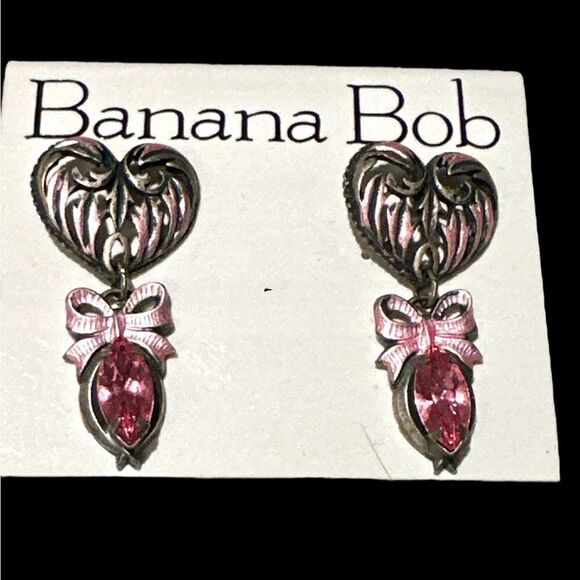Banana Bob Victorian heart bow silver pink enamel crystal earrings 2” x 1” - Picture 3 of 5